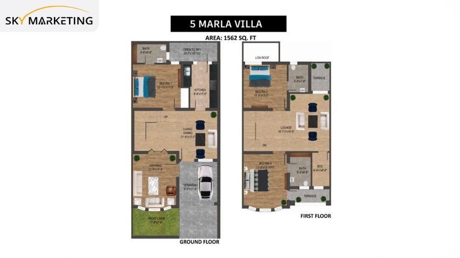 5 Marla Villas (1557 sq. ft.) Floor Plan