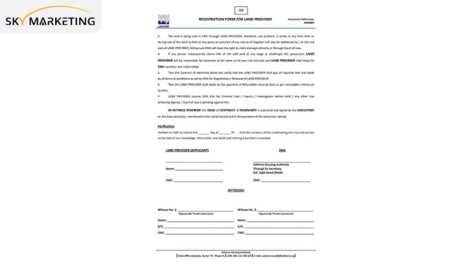 DHA Lahore Registration Form for Land Provider