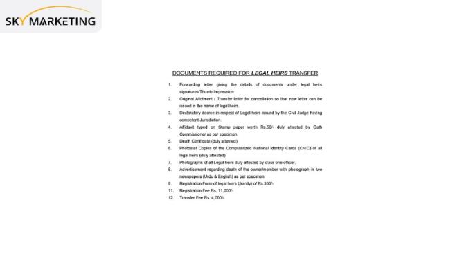 DHA Lahore Documents Required for Legal Heirs Transfer