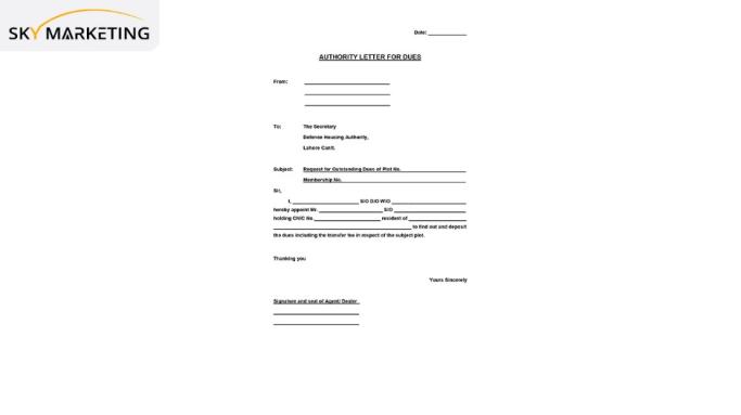 DHA Lahore Authority Letter for Dues