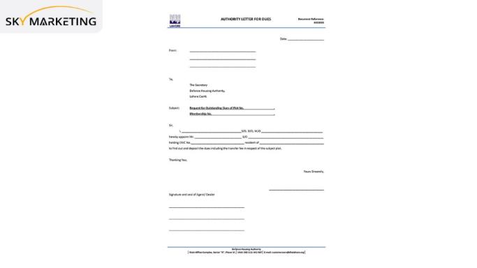 DHA Lahore Authority Letter for Dues