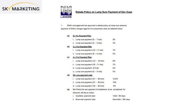 DHA Lahore Rebate Policy on Lump Sum Advance Payment