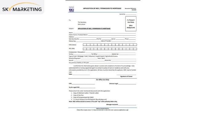DHA Lahore Application of NOC / Permission to Mortgage