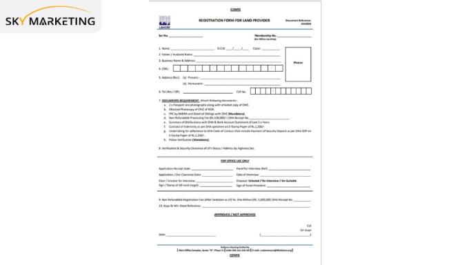 DHA Lahore Registration Form for Land Provider