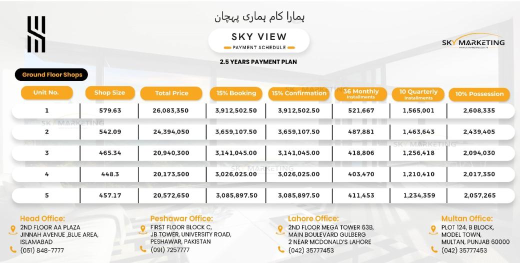 Sky View Ground Floor Payment Plan