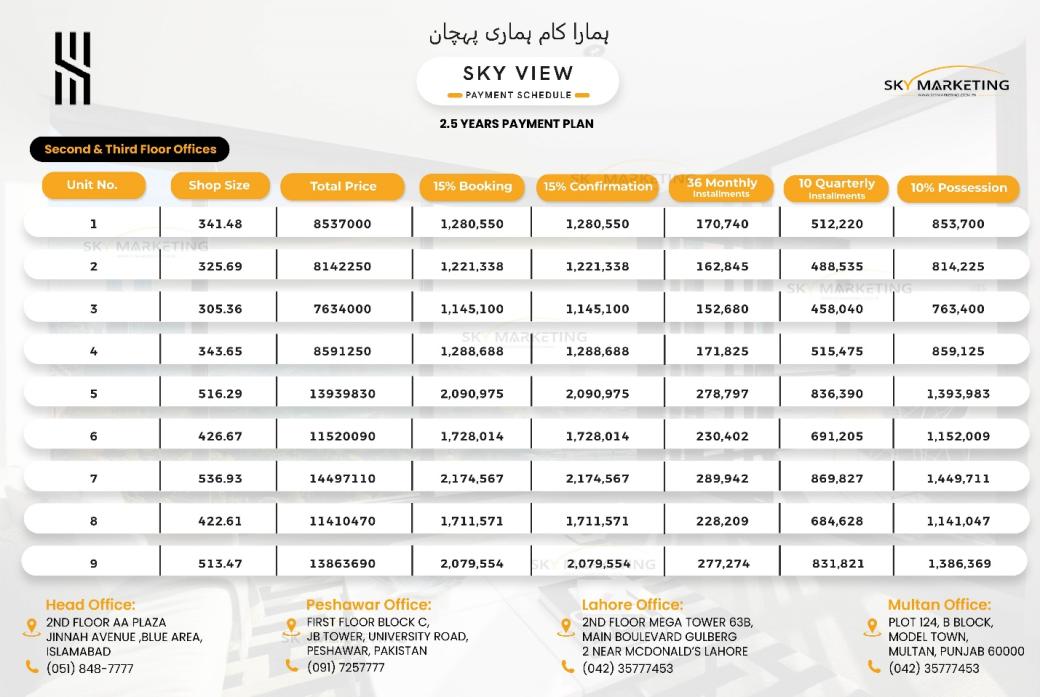 Sky View 2nd – 3rd Floor Payment Plan