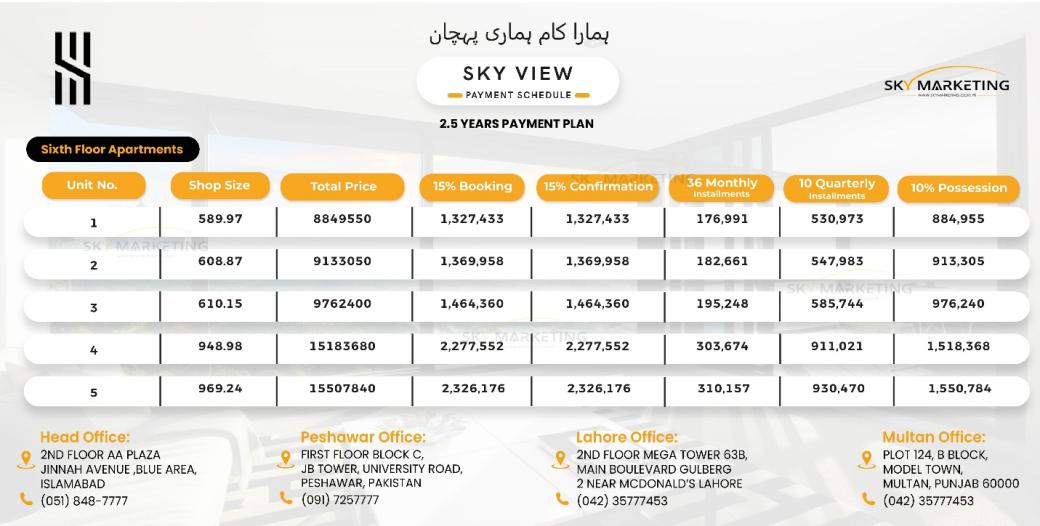Sky View 6th Floor Payment Plan
