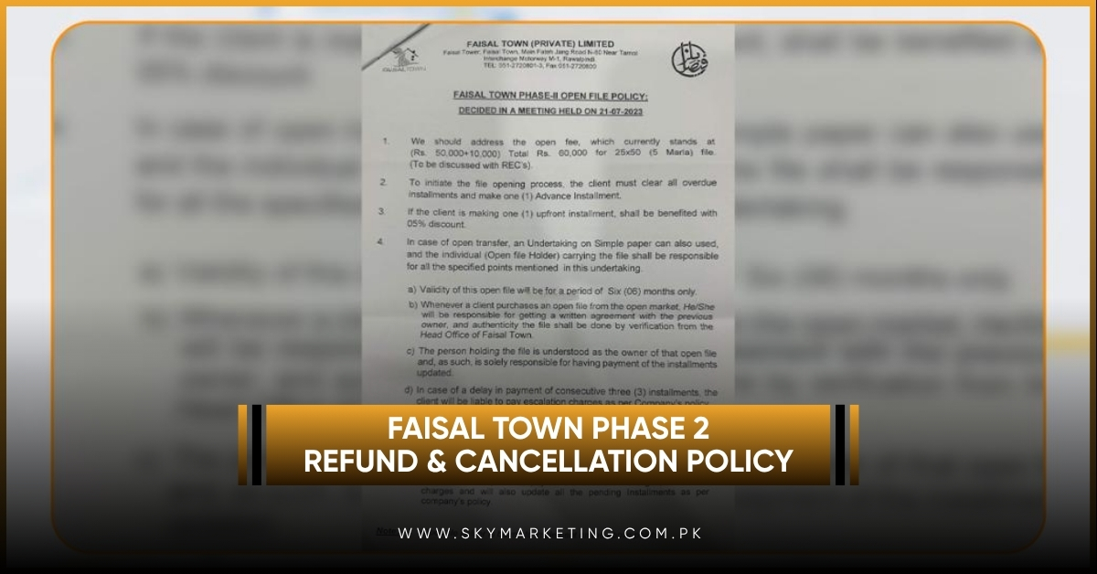 Faisal Town Phase 2 refund and cancellation policy guide showing deduction percentages for missed installments and early cancellation rules.