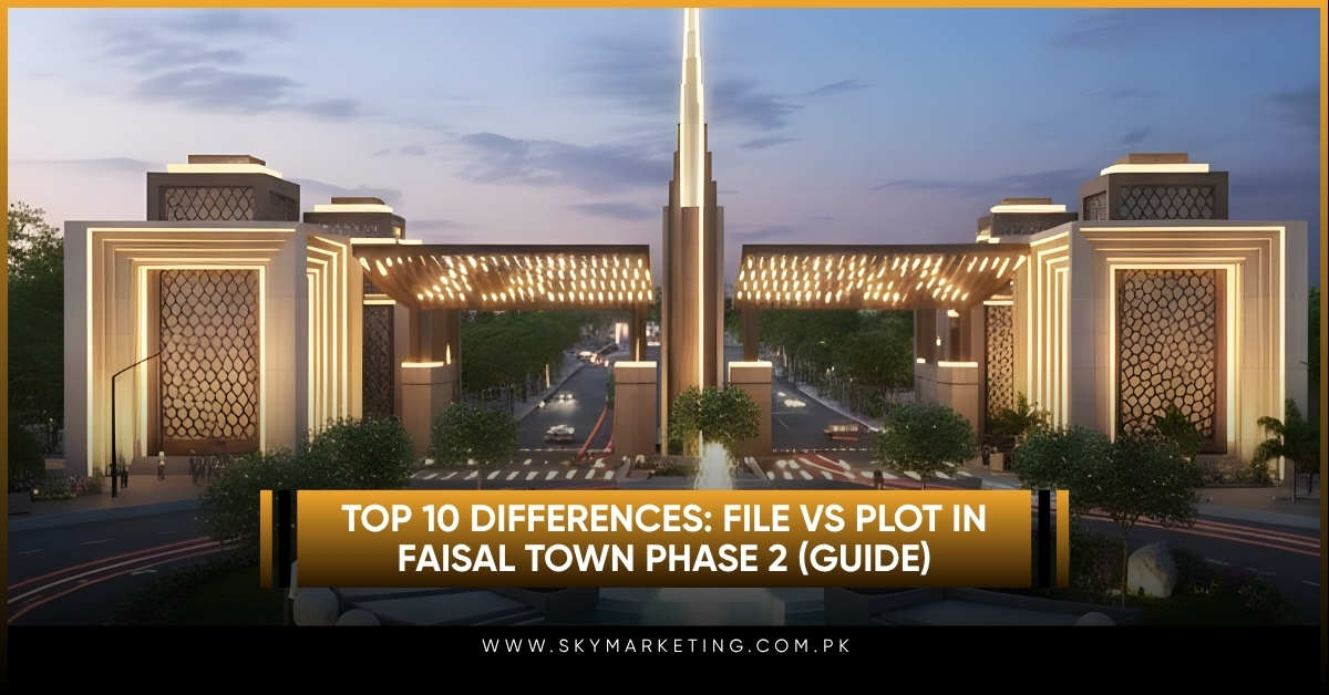 Comparison table showing 10 differences between file and plot booking in Faisal Town Phase 2 Islamabad including price risk and flexibility